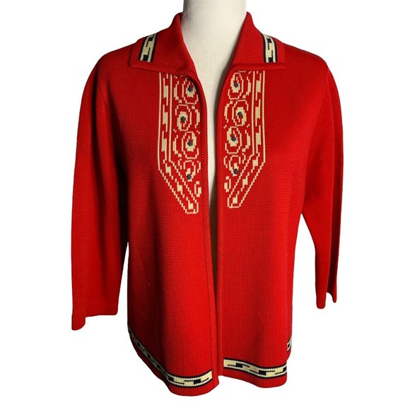 Vintage 70s Stretch Knit Cardigan Sweater M Red Open Front 3/4 Sleeve Union Made - Picture 1 of 8